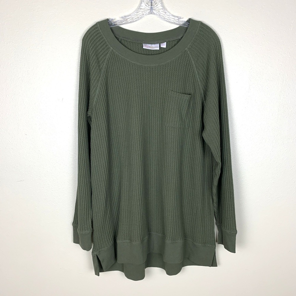 Belle Kim Gravel Waffle Knit Tunic Top Size XL Pocket Green Boho Fall Thermal